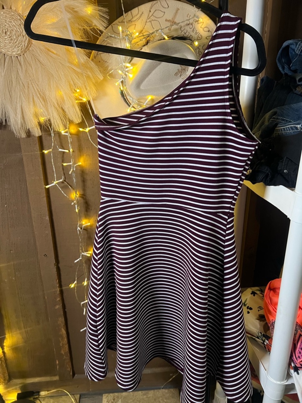 SO One-Shoulder Striped Midi Dress in Burgundy and White